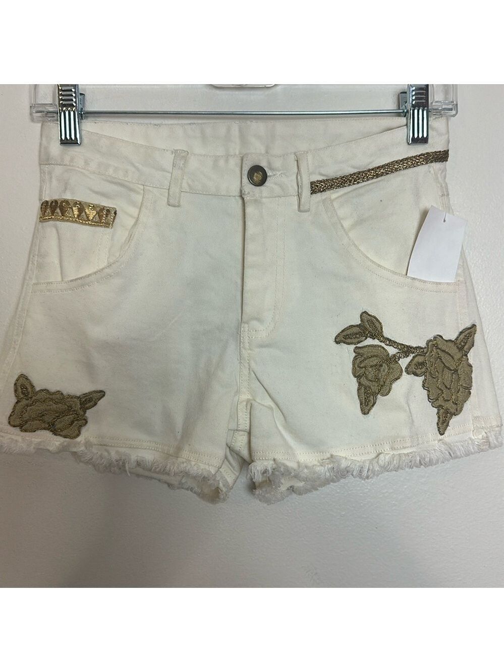 Desigual Mid Rise 5 Pocket Cream Denim Shorts with Gold Patchwork Embroidery